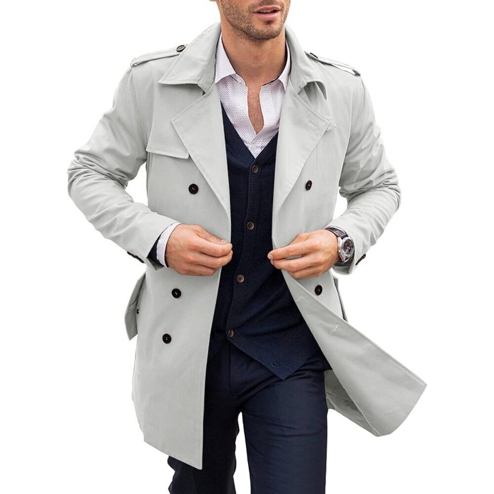 🆕Mens Grey Trench Coat Notched Lapel Double Breasted Windbreaker Overcoat
